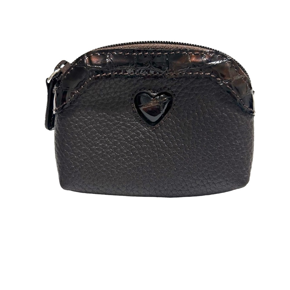 VINTAGE BRIGHTON Coin Purse Small Brown Pebbled And Patent Leather Zip Heart